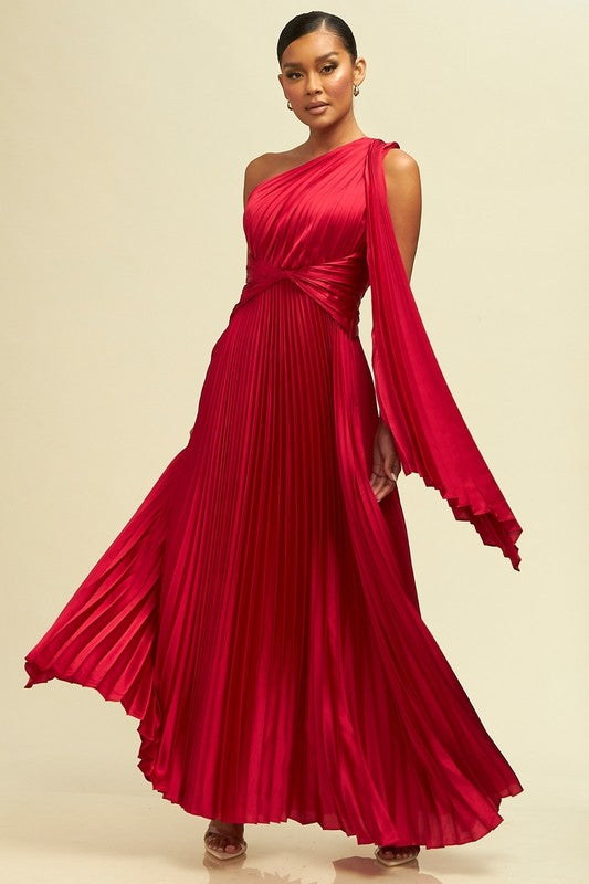 One Shoulder Pleated Maxi Dress (Red)