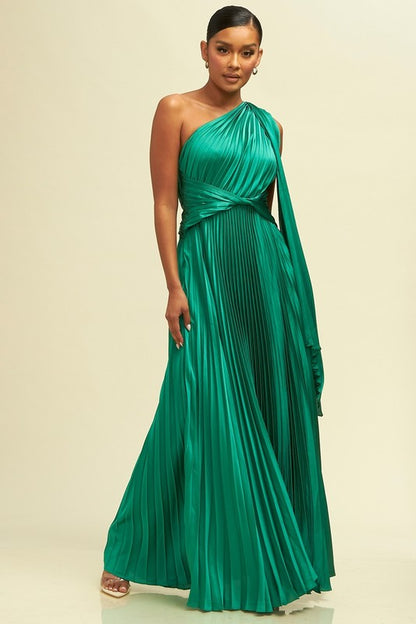 One Shoulder Pleated Maxi Dress (Kelly Green)
