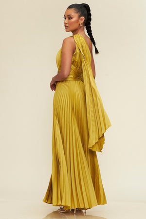 One Shoulder Pleated Maxi Dress (Moss)