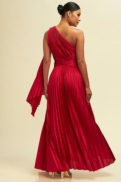 One Shoulder Pleated Maxi Dress (Red)