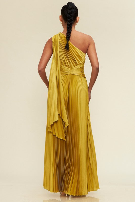 One Shoulder Pleated Maxi Dress (Moss)