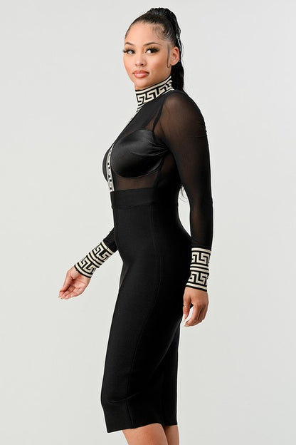 Holiday Mesh Contrast Print Bandage Midi Dress (Black)