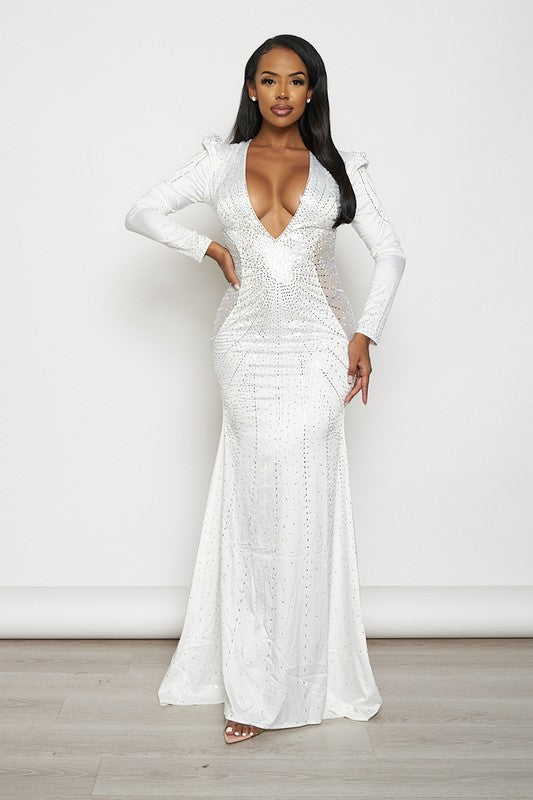 Satin Rhinestone Deep V-Neck Maxi Dress (White)