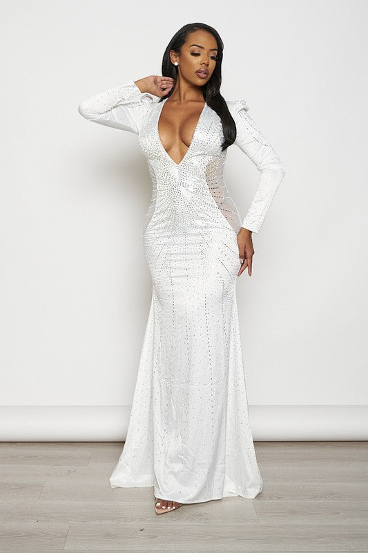 Satin Rhinestone Deep V-Neck Maxi Dress (White)