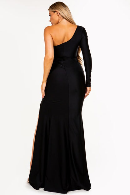 One Off shoulder Long Sleeve Slit Maxi Dress( Black)
