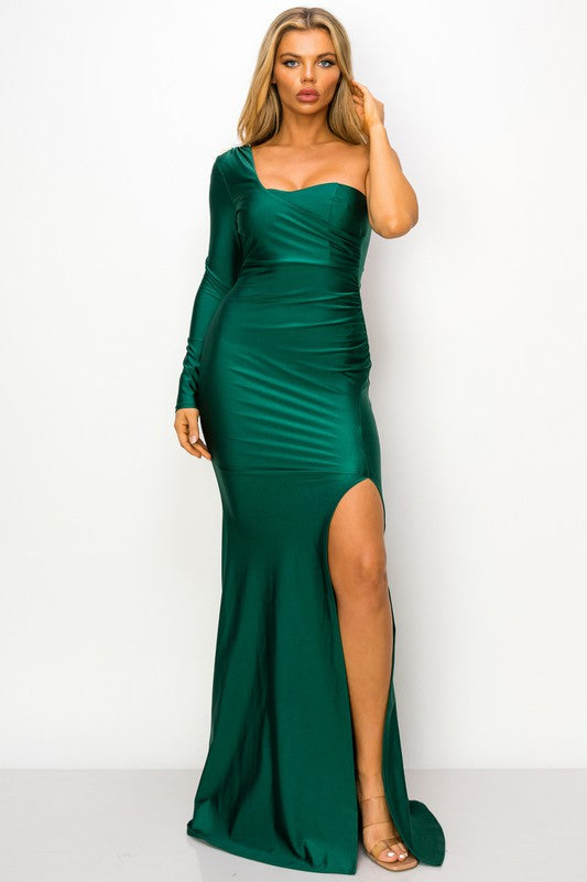 One Off shoulder Long Sleeve Slit Maxi Dress( Hunter Green)