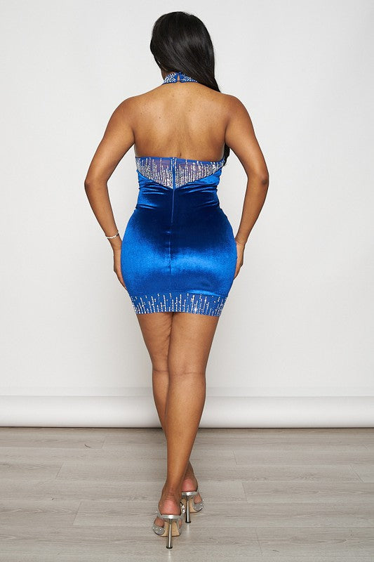 Halter Neck Velvet Mini Dress (Blue)