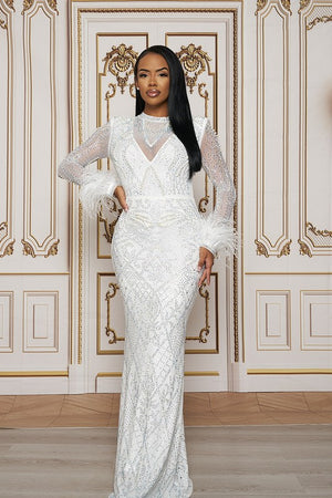 Full Rhinestone/Pearl Embellished Long Sleeve  Maxi Dress (White)