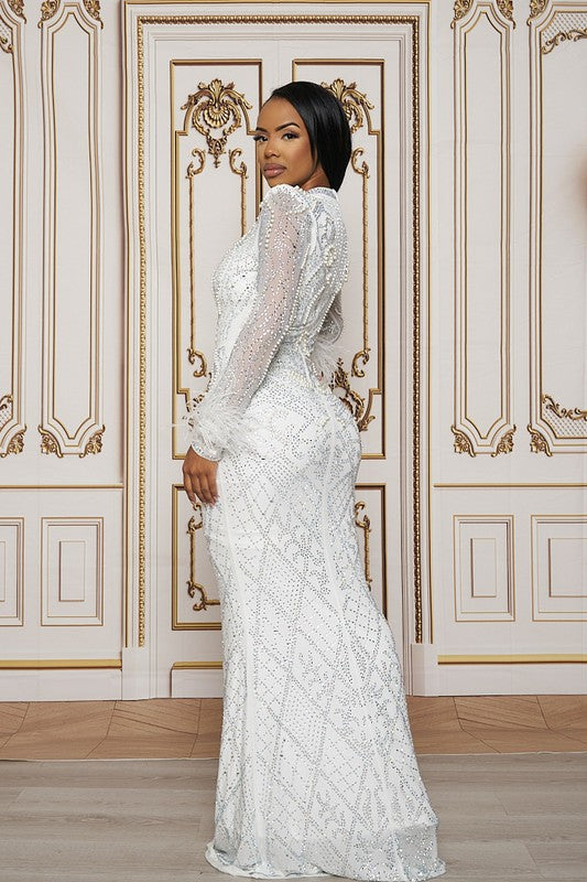 Full Rhinestone/Pearl Embellished Long Sleeve  Maxi Dress (White)