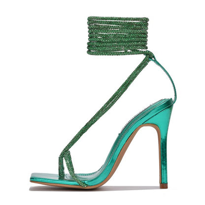 Thong Strappy Wrap Up Heeled Sandals (Green)