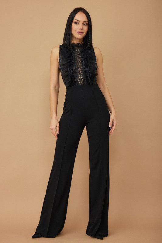 Lace and Crochet Detailed Top Fashion Jumpsuit (Black)