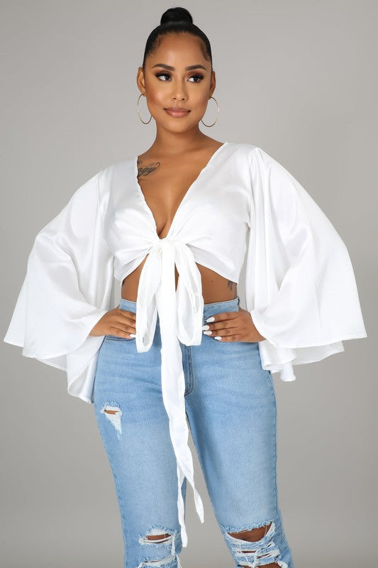 Tie Front Satin  Blouse (White)