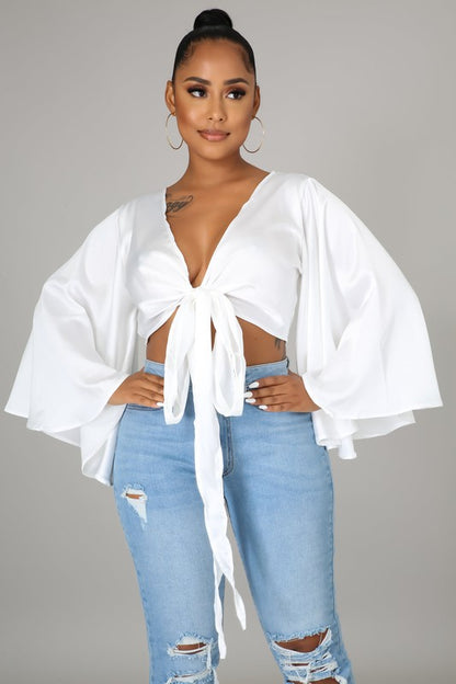 Tie Front Satin  Blouse (White)