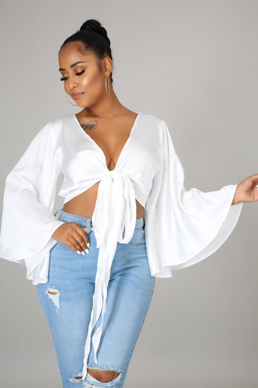 Tie Front Satin  Blouse (White)