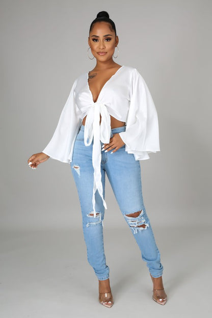 Tie Front Satin  Blouse (White)