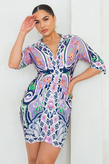 Vibrant Mosaic Wrap Mini Dress