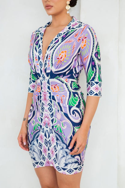 Vibrant Mosaic Wrap Mini Dress