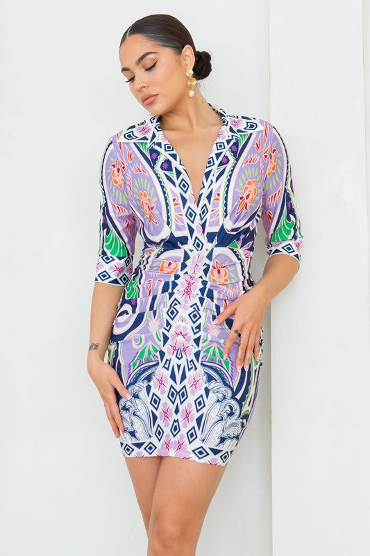 Vibrant Mosaic Wrap Mini Dress