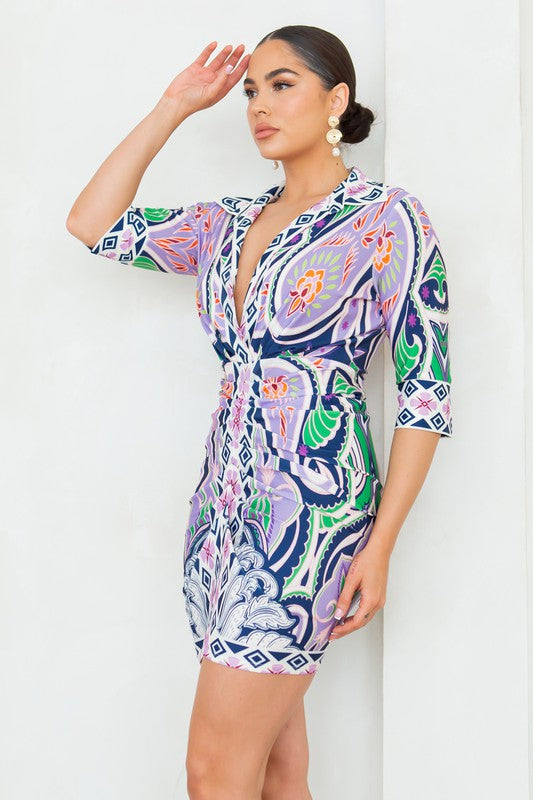 Vibrant Mosaic Wrap Mini Dress