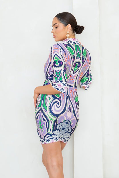 Vibrant Mosaic Wrap Mini Dress