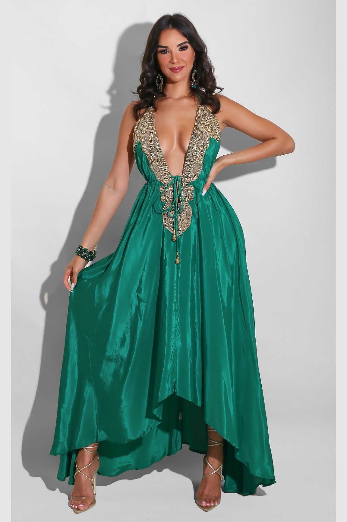 Halter Vaid Embroidery  Emerald Long Dress
