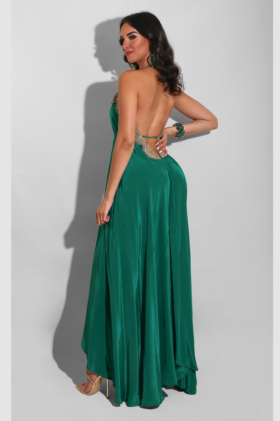 Halter Vaid Embroidery  Emerald Long Dress