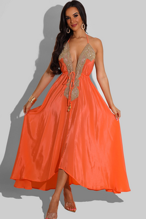 Halter Vaid Embroidery Coral Long Dress