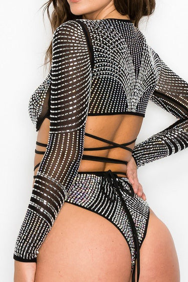 Sheer 2-piece bikini with rhinestone embellishments