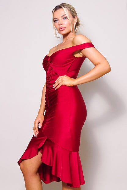 The Night We Met Off Shoulder Midi Dress (Burgundy)