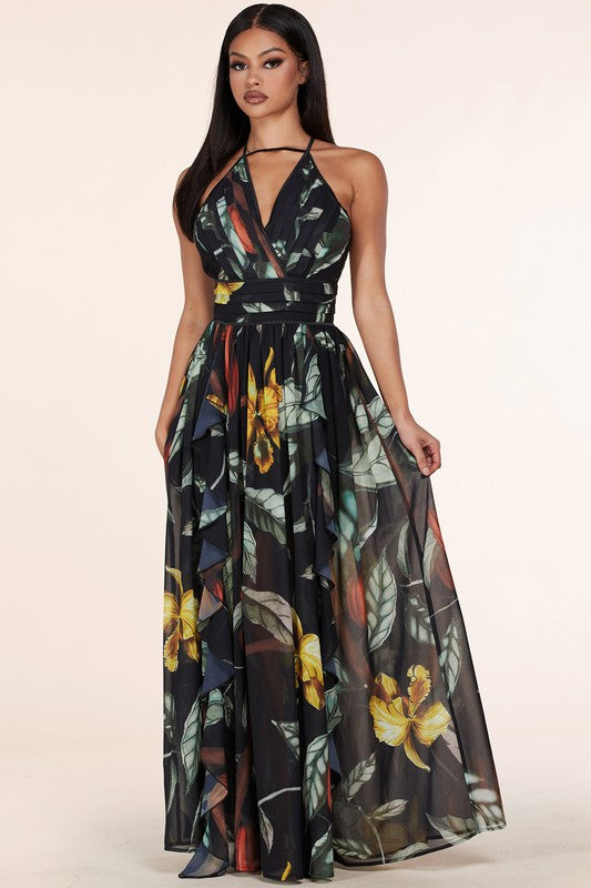 Black Sage Leaf Strappy Maxi Dress