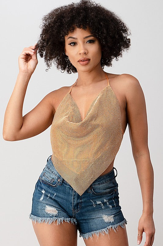 Metallic Rhinestone Backless Cowl Gold Crop Top