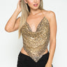 Leopard Rhinestone Backless Cowl Neck Crop Top