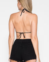 Leopard Rhinestone Backless Cowl Neck Crop Top