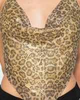 Leopard Rhinestone Backless Cowl Neck Crop Top