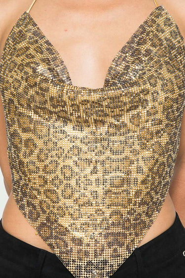 Leopard Rhinestone Backless Cowl Neck Crop Top
