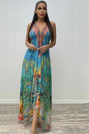 Celina Peacok Print  Maxi Dress