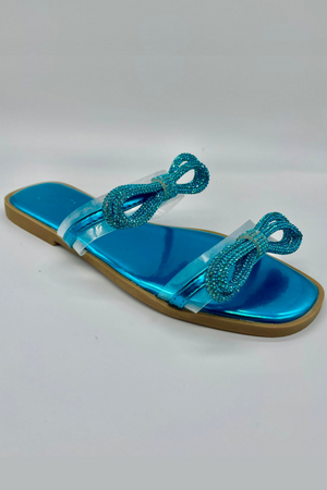 Rhinestone Double Bow Clear Strap Sandals (Turquoise)