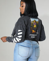 Black distressed crop sherpa jacket with back California graphic
