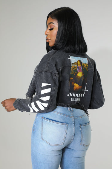 Black distressed crop sherpa jacket with back California graphic