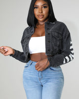 Black cotton jacket with sherpa lining and graphic back print