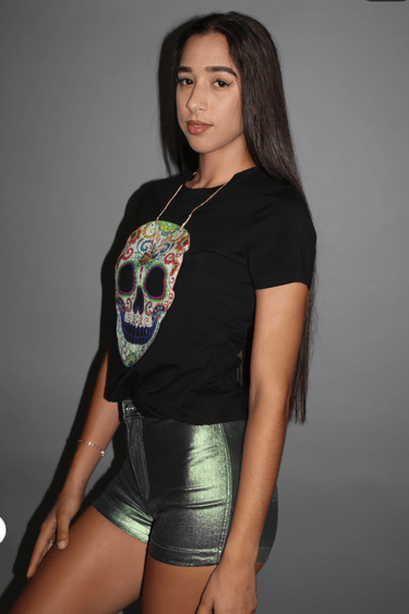 Black graphic top with colorful calavera skull design