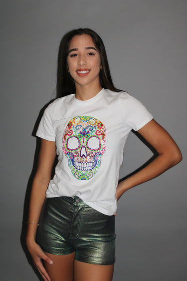 White graphic top with colorful calavera skull design
