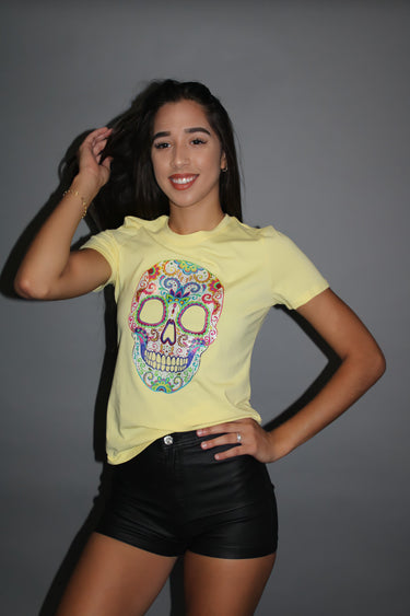 Yellow graphic top with colorful calavera skull design