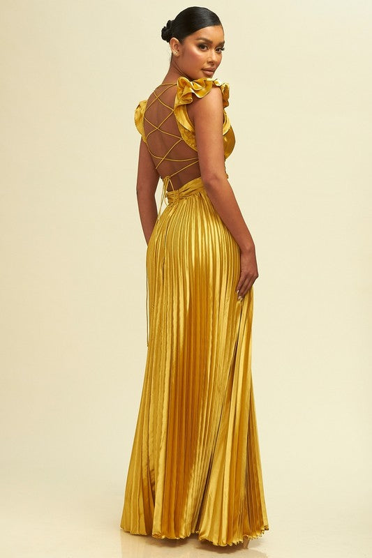 Ruffle Pleated Maxi Dress (Gold)