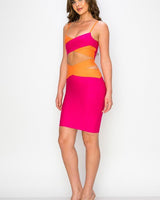 Criss Cross Color Block Bandage Skirt Sets (Fuchsia/Orange) - Palazzo Couture Online