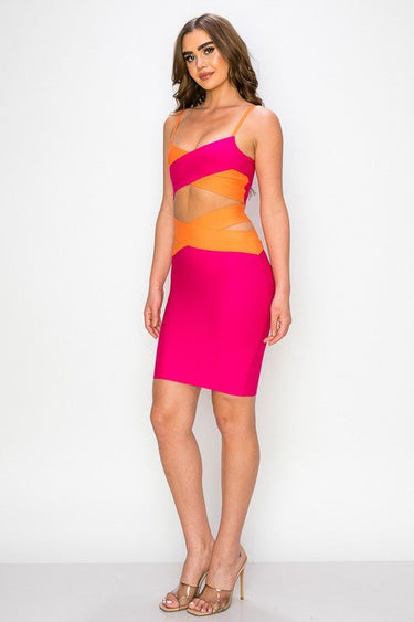 Criss Cross Color Block Bandage Skirt Sets (Fuchsia/Orange) - Palazzo Couture Online