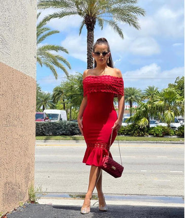 Crochet Band Midi Dress (Red) - Palazzo Couture Online