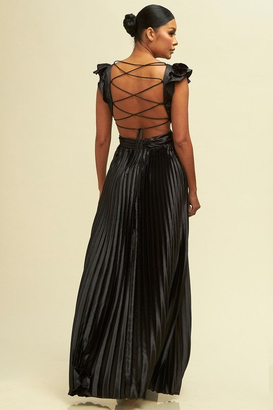 Ruffle Pleated Maxi Dress (Black)