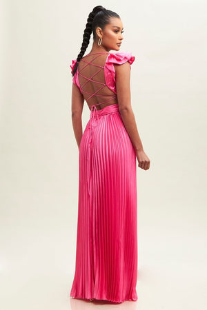 Ruffle Pleated Maxi Dress (Neon Pink)