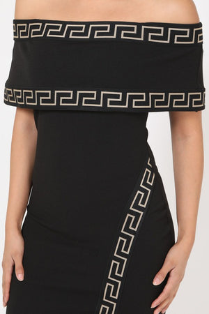 Greek Border Pattern Off Shoulder Black Midi Dress